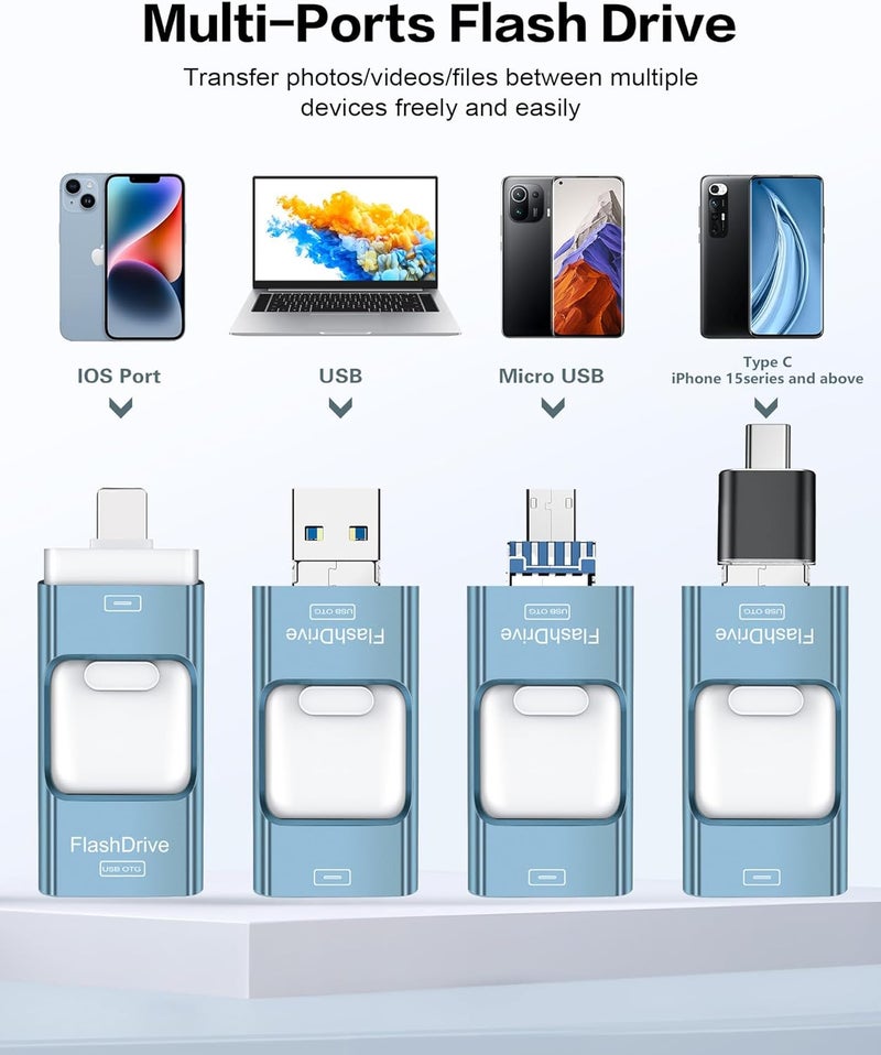Zamst 128GB Flash Drive for iPhone Photo Stick,Thumb Drive USB Stick High Speed Transfer USB Drives External Picture Video Storage Memory Expansion for iPhone/iPad/PC (Blue) - Image 2